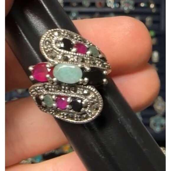 Sterling Silver & Gemstone Ring Size 8 Lab Created Ruby Emerald - Picture 1 of 4